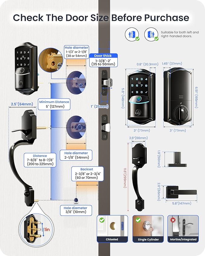 Veise VE027-H WiFi Fingerprint Smart Deadbolt Lock with Handleset, App Remote Control, Keyless Entry Front Door Lock Set, Built-in Wi-Fi, Touchscreen Keypad, Auto-Lock, Easy Setup, Matte Black