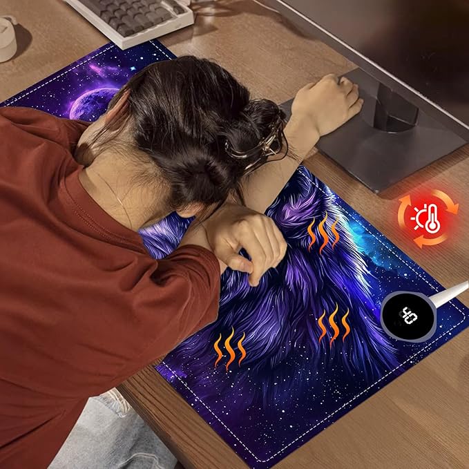 Heated Mouse Pad, Warm Desk Pad, Keyboard Mat 23.6 x 14 Inch Large Size Intelligent Fast Heating, 3 Speed Adjustable, Timed Auto Power Off for Game Office Home, Galaxy Wolf