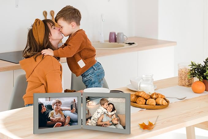 Double 4x6 Horizontal Combo, Grey Wood Picture Frame, 3.5x5.5 Opening Foldable Landscape View Photo Frame on Table-top or Wall