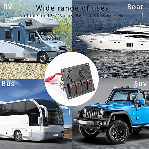 4 Gang Rocker Switch Panel, Multi-Function LED On-Off Switch with 3.1A Dual USB Charger, 12/24V Waterproof Marine Wired Toggle Switch Panel for Automotive Cars Marine Boats RVs SUV (Red)