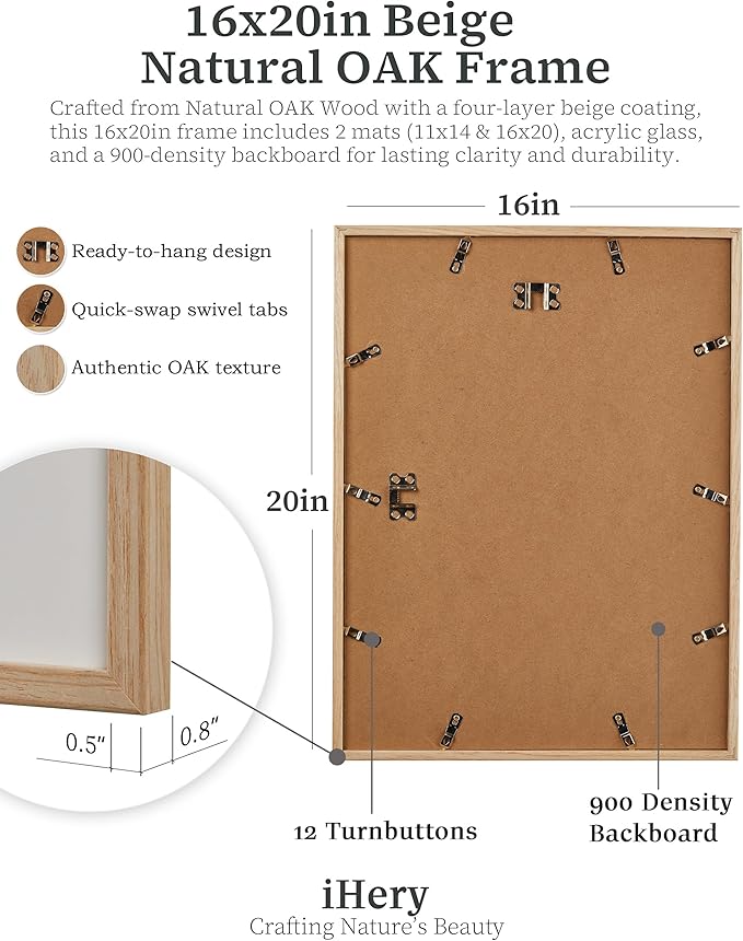 iHery Standard 16x20in Premium Truly Natural OAK Wood Beige Color Picture Frame with 2 Mats (11x14,16x20), Acrylic Glass Thickened Backboard, Minimalist Photo Frames Narrow Border Set of 3