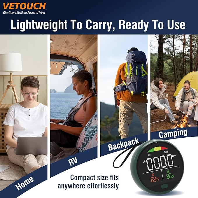Portable Carbon Monoxide Detector with Digital Display, ±5ppm High Accuracy, 5-Year Sensor Life, Type-C Charging, 150+ Hours Battery Rechargeable CO Monitor for Home, RV & Travel