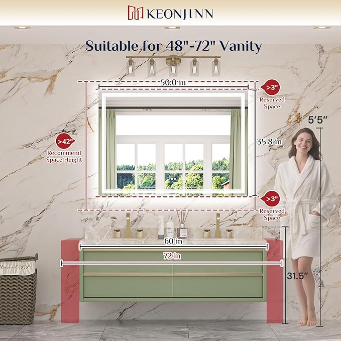 Keonjinn 50" x 36" Bathroom LED Mirror, Front & Back Lighted Mirror for Bathroom Wall, Tempered Glass, Safe Defogger, 3 Color Temperature, Dimmable, Memory Function, Light Up Vanity Mirror