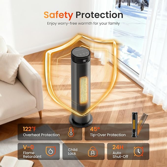 1500W Tower Indoor Space Heater for Home with Programmable Thermostat, 12H Timer & Remote Control, Oscillation and ECO Mode, Electric Heaters for Office, Bedroom, Home (Grey)