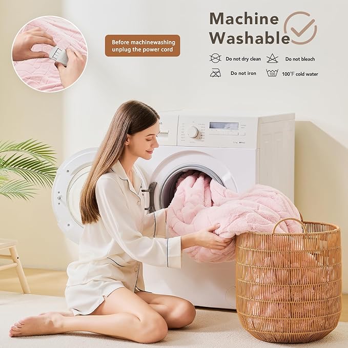 Heated Electric Blanket- Electric Throw Blanket 100"x90" for Bed- 5 Heating Levels& 4 Hours Auto Off for Home Office - Soft Faux Fur for Full Body(Pink)