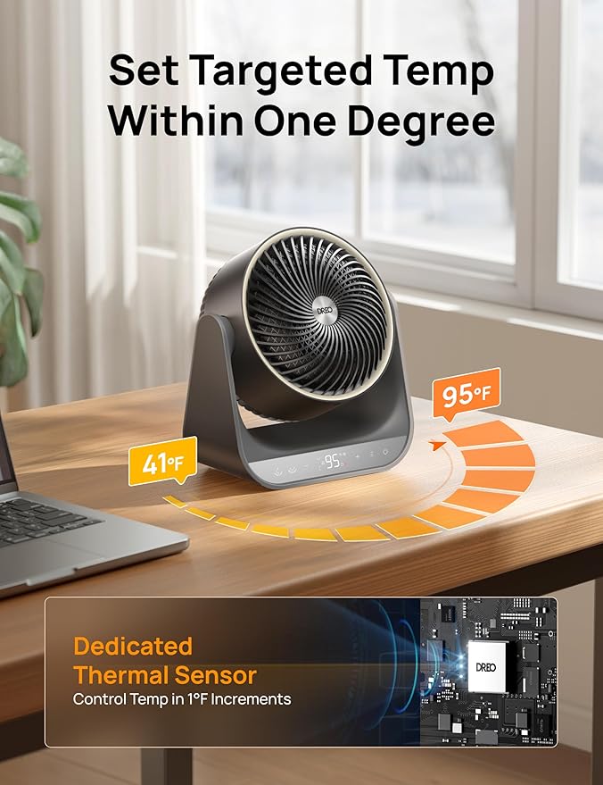 Dreo Whole Room Heater 714, 60ยฐ Vertical & 90ยฐ Horizontal 3D Oscillating Heating, 12 ft/s Long-Range Circulator, 3 Heat & 3 Fan Settings, Space Heaters for Indoor Use, Bedroom, Office, Grey