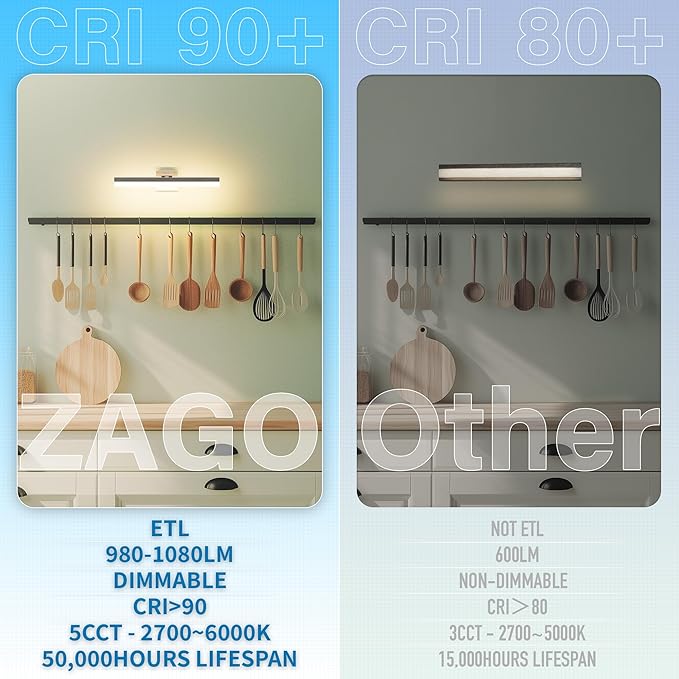 ZAGO 24 Inch Bathroom Vanity Light Fixtures Over Mirror - LED Modern Rotational Wall Mounted Adjustable Hardwired Picture Lighting Bar with 5CCT Switchable, ETL & Damp Rated, Black, 2-Pack