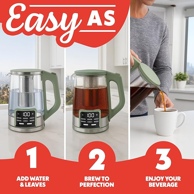 Gourmia Electric Programmable Glass Kettle – 1.7L Temperature Control Tea & Coffee Kettle with Digital Touch Display, 6 Presets, Keep Warm, Removable Stainless Steel Infuser, 360° Swivel Base – Green