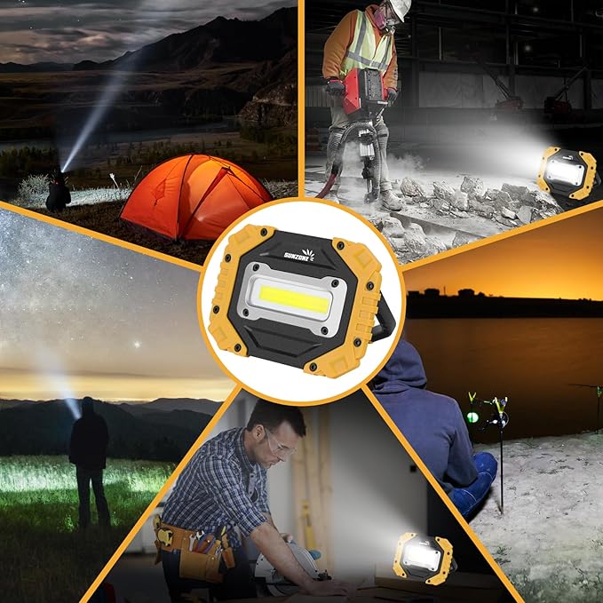 Sunzone LED Work Light, Rechargeable Magnetic Flood Lights with Stand, Waterproof Portable Job Site Lighting for Camping, Fishing, Hiking, Car Inspection with Emergency Mode (2 Pack)