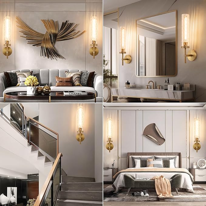 19.5" Knurled Brass Wall Sconces Set of 2, Gold Bathroom Vanity Light Fixtures with Water Ripples Glass Tube, Modern Lamp Lighting for Bedroom, Living Room, Hallway, Staircase, Mirror, Kitchen