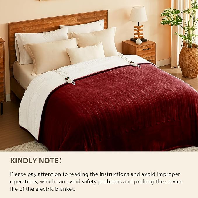 Homemate Electric Heated Blanket Queen - 84"x90" Heating Bed Blankets Throw with 10 Heating Levels 8 Hours Auto Off Fast Heating Over-Heated Protection Ultra Soft Warm Flannel ETL Certified Red