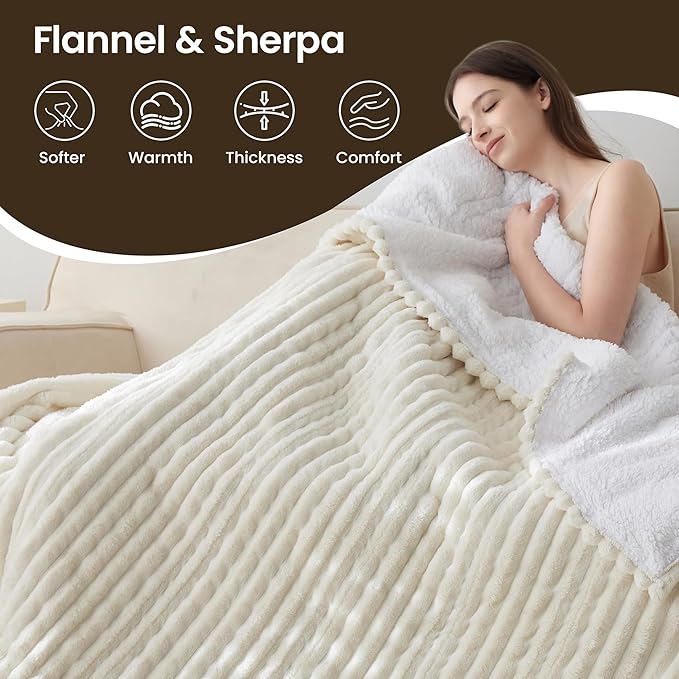 Heated Blanket Electric Blanket 62"x84", Soft Flannel Sherpa Electric Throw with 5 Heating Level & 12 Times Setting, Heated Throw with Overheating Protection, Machine Washable (Beige)