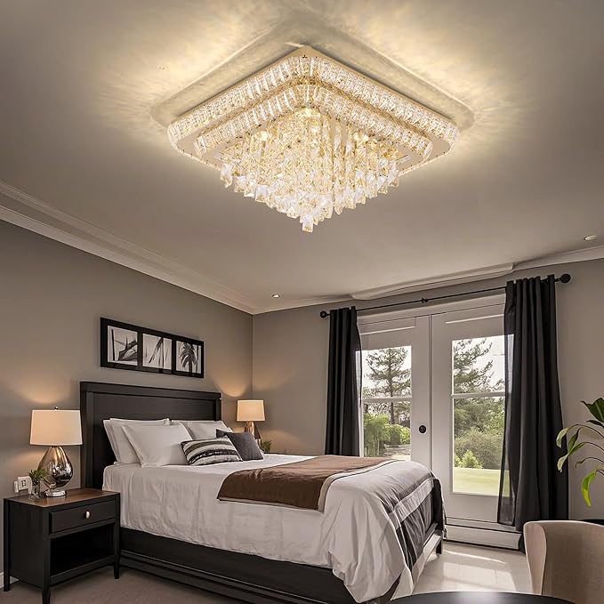 Elegant LED Gold Crystal Raindrop Ceiling Light,24 Inch Square Flush Mount Chandelier with Remote for Living Room Kitchen Island Bedroom Hallway Entryway Foyer (Dimmable)