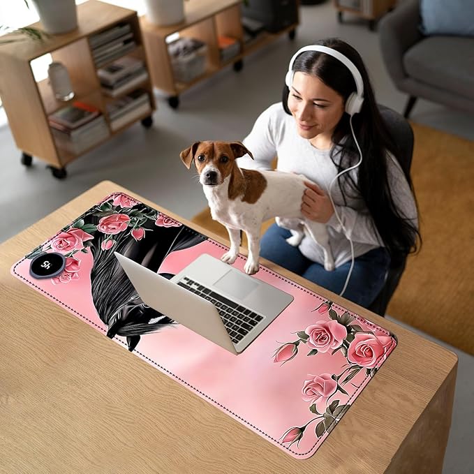 Heated Mouse Pad with 3 Temperature Settings(104°F–122°F),Large 31.5x13 Inch PU Leather Heated Desk Mat,Waterproof Warming Pad for Office,Gaming & Cold Hands Relief,Pink Rose Black Horse