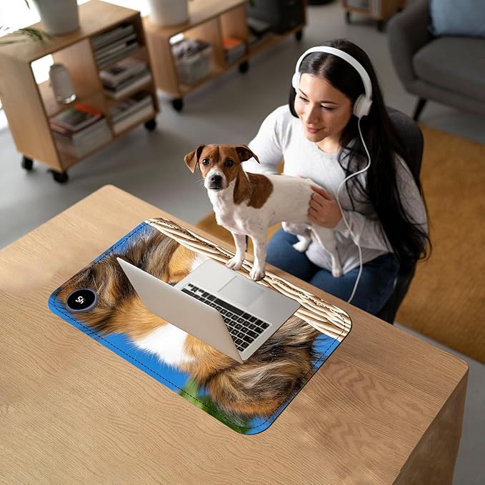 Heated Mouse Pad with 3 Temperature Settings(104°F–122°F),Large 24x14.2 Inch PU Leather Heated Desk Mat,Waterproof Warming Pad for Office,Gaming & Cold Hands Relief,Cute Dog