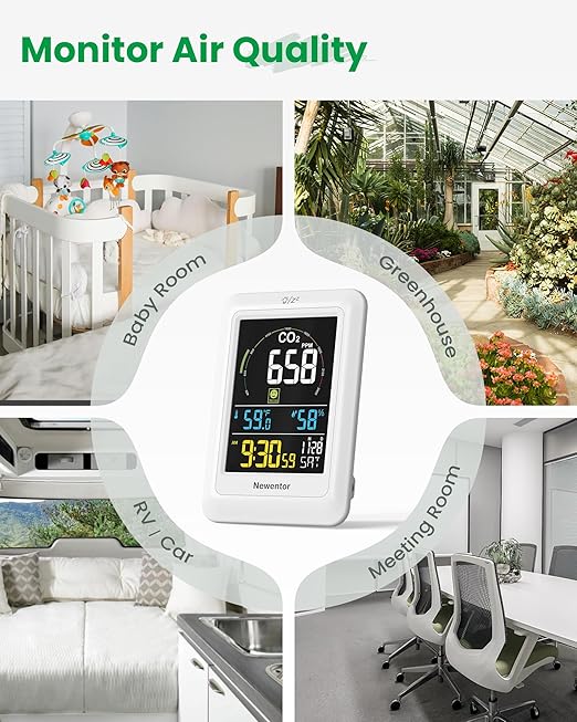 Newentor CO2 Monitor, Indoor Air Quality Meters, Carbon Dioxide Detector with Voice Alert, Large Display CO2 Tester, Temperature Humidity Sensor, Alarm Clock for Home, RV, Grow Tents, White
