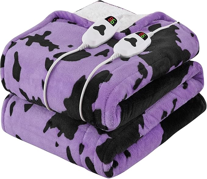Cow Print Electric Heated Blanket Queen Size,84X90 Purple Heating Blanket Queen With Dual Control&Timer&10 Heat Levels,Highland Cow Decor Fleece Sherpa Blankets Warmer Gifts for Bed Women Adults