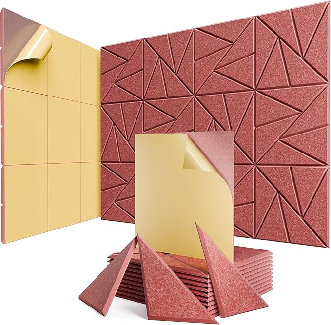 12 pack Acoustic Panels With Self-Adhesive, 12"X 12"X 0.4"Sound Proof Foam Panels, Sound Panels High Density, Soundproof Wall Panels for Home Studio Office Red