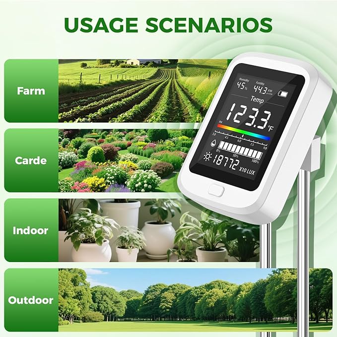 6-in-1 Soil Test Kit for Gardening Deals, Digital pH Meter/Temperature/Sunlight/Fertility/Environmental| Factory-Permanent Calibration