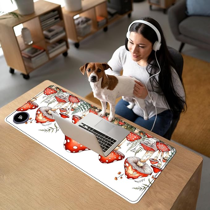 Heated Mouse Pad with 3 Temperature Settings(104°F–122°F),Large 31.5x13 Inch PU Leather Heated Desk Mat,Waterproof Warming Pad for Office,Gaming & Cold Hands Relief,Red Mushroom