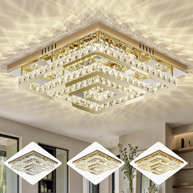 34" Modern Gold Crystal Chandelier with Remote/App Control, Dimmable Flush Mount Ceiling Light Fixture,3-Color Temperature, Led Ceiling Lamp for LivingRoom Bedroom Kitchen DiningRoom Entryway