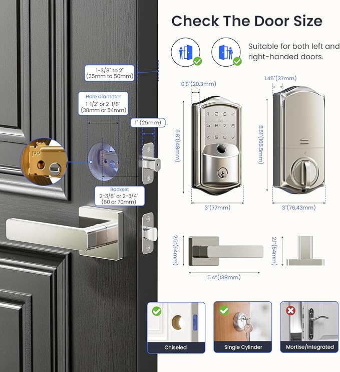 Veise VE027-L Built-in WiFi Smart Door Lock with Lever Handle Set, Fingerprint keyless Entry Door Lock, App Remote Control, Electronic Digital Keypad Deadbolt for Front Door, Auto Lock, Satin Nickel
