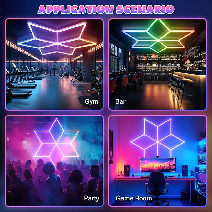 Hexagon Garage Lights RGB - Multicolor RGB with Music Sync Mode (358 Dynamic Effects), Dimming,Speed Control. Perfect for Gaming, Bars, Studios ,Home Gyms