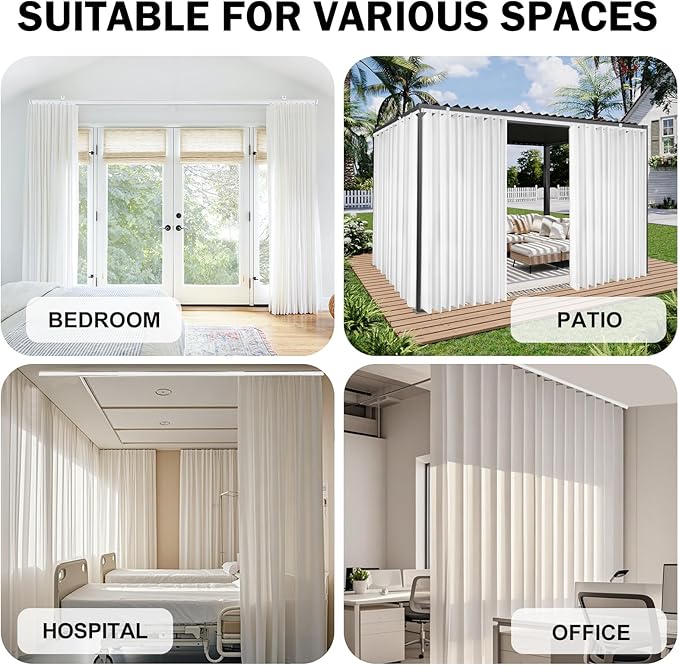 Aluminum Ceiling Curtain Track Set with Hooks Ceiling Mount and Wall Mount Room Divider Sliding Curtain Tracks Rods Flexible Heavy Duty Curtain Rail Hook Sets,White,24FT