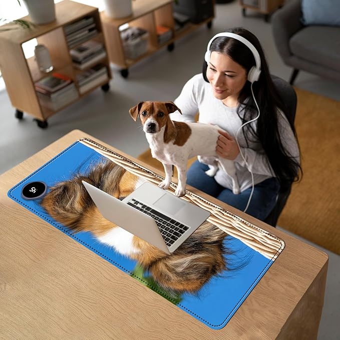 Heated Mouse Pad with 3 Temperature Settings(104°F–122°F),Large 31.5x13 Inch PU Leather Heated Desk Mat,Waterproof Warming Pad for Office,Gaming & Cold Hands Relief,Cute Dog