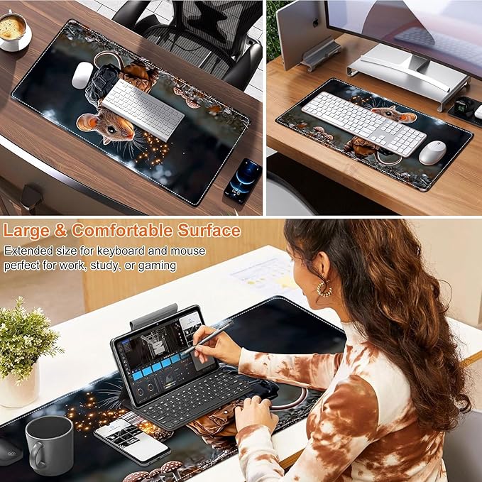 Heated Mouse Pad for Desk 31.5" x 13" – PU Leather Warm Desk Pad with 3 Heat Levels (104°F/113°F/122°F), Plug-in Electric Heating Mat with Auto Shut-Off, Waterproof & Rollable, Mouse with Lantern