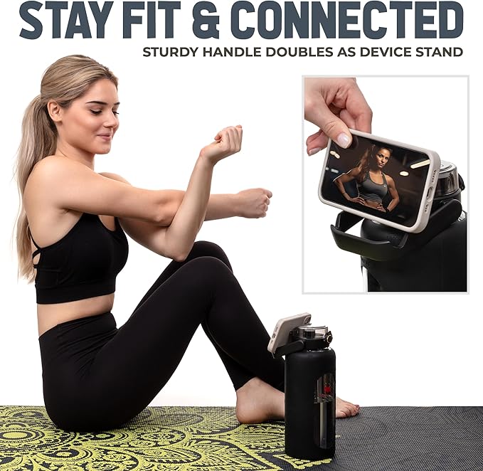 64 oz Glass Water Bottle – Black | Large Leakproof Shatter-Resistant Borosilicate Bottle with Straw, Silicone Sleeve, Time Marker – Half Gallon for Travel, Gym, Daily Intake