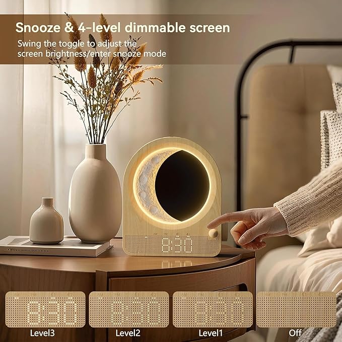 Sunrise Alarm Clocks for Bedrooms, Stepless Dimmable Moon Lamp Dual Alarm Clock Wake Up Light with 12Levels Volume for Heavy Sleepers, 10 Natural Sounds with Timer, Gifts for Women