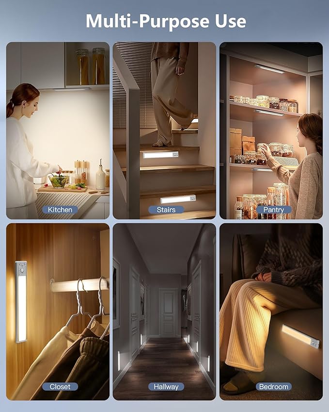 10.5inch Under Cabinet Lighting with 3 Color Temps, 2 Pack Rechargeable Motion Sensor Lights Indoor, Dimmable Under Counter Lights for Kitchen, Closet