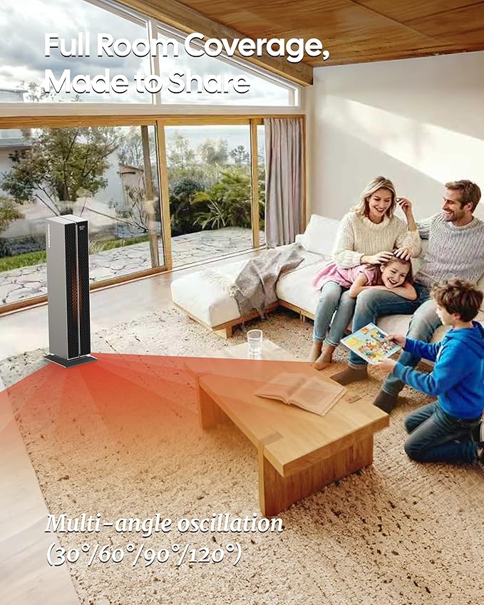 Electric Heaters for Indoor Use, 32” Space Heater Large Room with Remote, 120° Oscillation, 5 Heat Levels, 3 Modes, Multiple Safety Protections, 1500W Ceramic Tower Heater for Bedroom, Silver