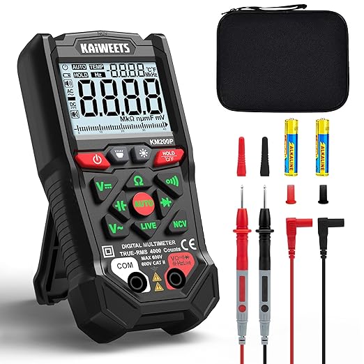 KAIWEETS KM200P Digital Multimeter, All Button Operation (No Knob), TRMS Auto Ranging, 4000 Counts, NCV, Voltmeter Ohmmeter, Fast & Accurate Measure AC/DC Voltage, Resistance, Continuity, Capacitance