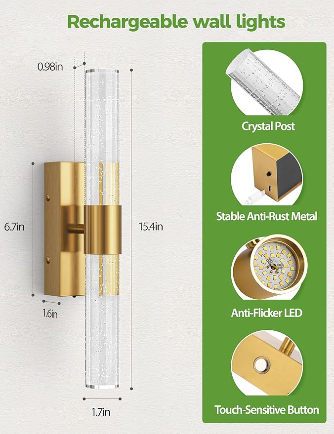 JOFIOS Battery Operated Wall Sconce Set of 2,3CCT,Dimmable,10400mAh,Gold Modern Rechargeable Wall Sconce with Remote,Wireless Wall Lights for Bedroom,Living room,Hallway(15.3 inch)