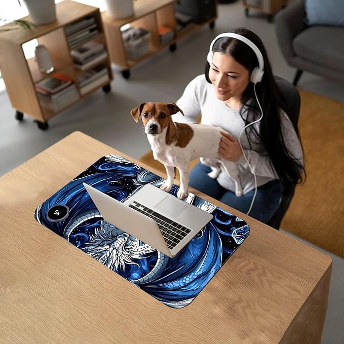 Heated Mouse Pad with 3 Temperature Settings(104°F–122°F),Large 24x14.2 Inch PU Leather Heated Desk Mat,Waterproof Warming Pad for Office,Gaming & Cold Hands Relief,Dragon and Wolf
