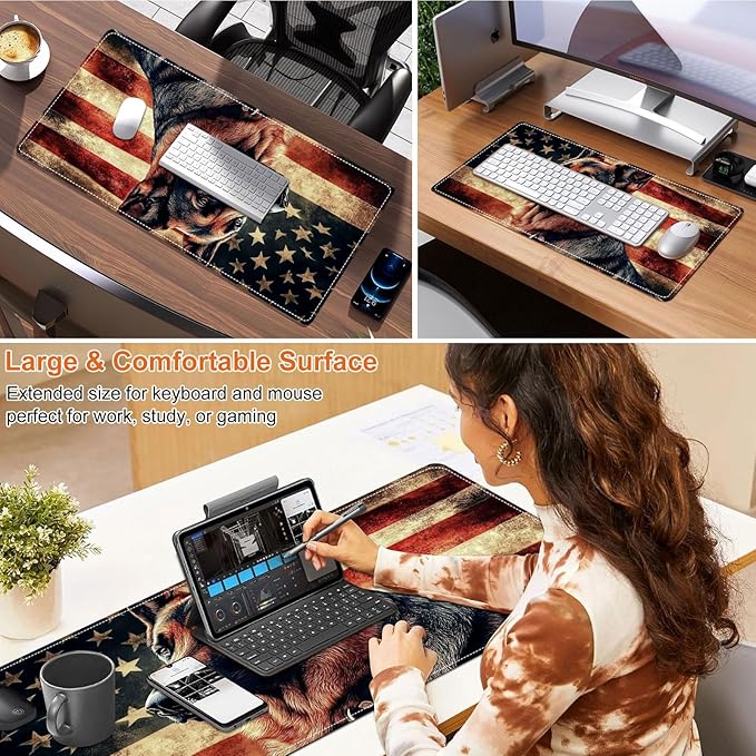 Heated Mouse Pad for Desk 31.5" x 13" – PU Leather Warm Desk Pad with 3 Heat Levels (104°F/113°F/122°F), Plug-in Electric Heating Mat with Auto Shut-Off, Waterproof & Rollable, German Shepherd
