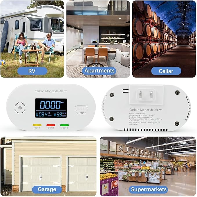 Carbon Monoxide Detectors, 3 Pack Plug in Carbon Monoxide Detector with CO Alarm Monitor Temperature Humidity Sensor,3-in-1 CO Detector with LCD Display for Home/Kitchen/Hotel/Bedroom (White)