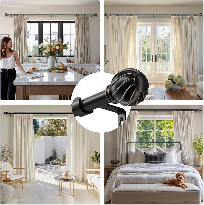Oneach Black Curtain Rods for Windows 72 to 144 Inch, 7/8" Adjustable Heavy Duty Decorative Drapery Rods with Round Netted Texture Finials (Pack of 1, 36 to 150 Inch)