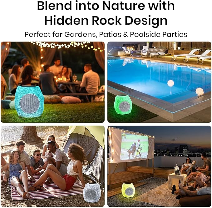 Outdoor Rock Speaker Bluetooth Speakers 48 W Deep Bass (2 Pack) – 16 Hr Playtime, Bluetooth 5.4 TWS Stereo, Aluminum‑Alloy Mesh,IPX5 Waterproof Solar-Powered Speaker Perfect for Pool