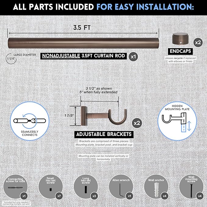 BlastHome® Non-Adjustable Luxury Curtain Rods for Windows, 1 ¼” Rod Set, 3 1/2 foot Fixed Length, Oil Rubbed Bronze