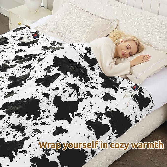Electric Blanket Queen Size, Dual Control Heated Blanket with 6 Heat Settings, 1-12H Timer, Soft Sherpa & Flannel, Machine Washable, Black Cow Print, 84" x 90"