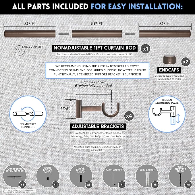 BlastHome® Non-Adjustable Luxury Curtain Rods for Windows, 1 ¼” Rod Set, 11 foot Fixed Length (Three Rods Connect for a Seamless Look), Oil Rubbed Bronze
