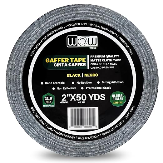 Wow Gaffers Tape 2 Inch Black - 50 Yards, Residue Free, Non-Reflective & Heavy-Duty - Professional Grade Gaff Tape - Ideal for Photography Backdrop, Cables, Cords & Floor Taping