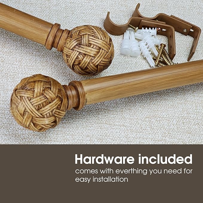 Faux Wood Style Curtain Rod Set with Faux Rattan Look Finial, 36-72 inch, Standard Single Drapery Rod for 1 Pack, 1 inch diameter, Adjustable Length