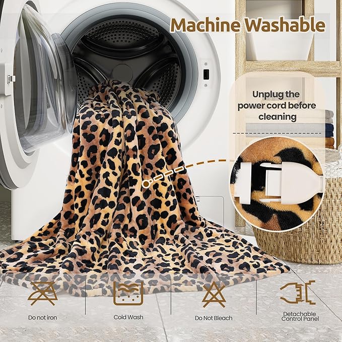Heated Throw Blanket 50"x60", Electric Blanket with 6 Heat Settings & 1-12H Timer, Cozy Soft Flannel Sherpa, Machine Washable, Warm Gift for Women, Leopard