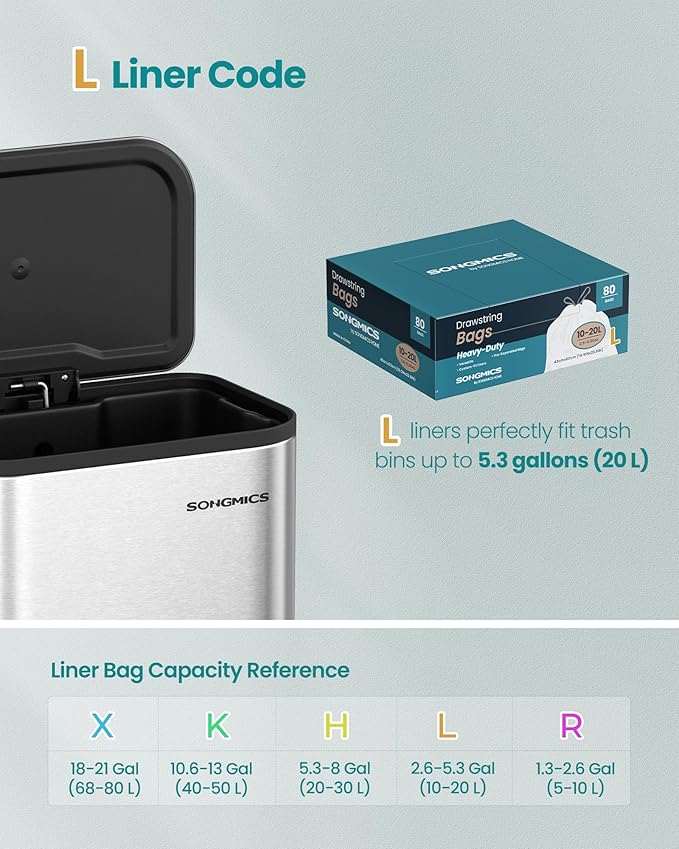 SONGMICS Trash Bags for 5.3 Gallon (20 L) Trash Cans, Drawstring Kitchen Garbage Bags, Pre-Separated, Quick-Dispense Box, Liner Code L, 2 Rolls, 80 Count, White UKRB021A02