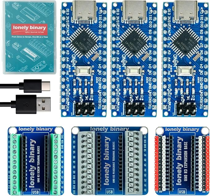 3-Pack Nano V3.0 Development Board Expansion Kit, 3 x Nano V3.0 Type-C & 3X Versatile Expansion Board (Screw, Non-Screw, 2.54mm) Compatible with Arduino IDE Prototyping Projects