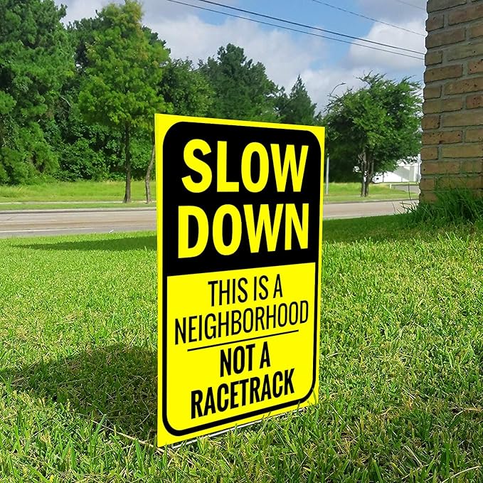 Bigtime 2 X Slow Down Sign 16" x 12" - Double-Sided Kids At Play Signs with Metal H-Stake for Neighborhoods - Durable & Funny Slow Man Sign for Ensuring Child Safety - Thoughtful Gift Idea